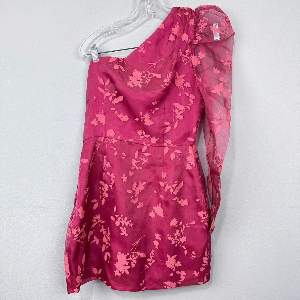 Lovers + Friends Naya Mini Dress Size M Magenta Pink One Shoulder Floral Burnout